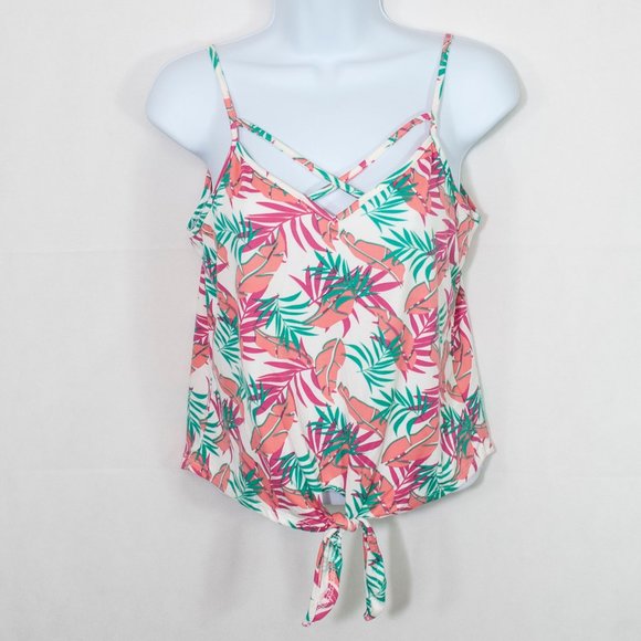 Poof Tie Front Tropical Tank Top Juniors Large L White Strappy Crisscross S02X - Picture 2 of 4